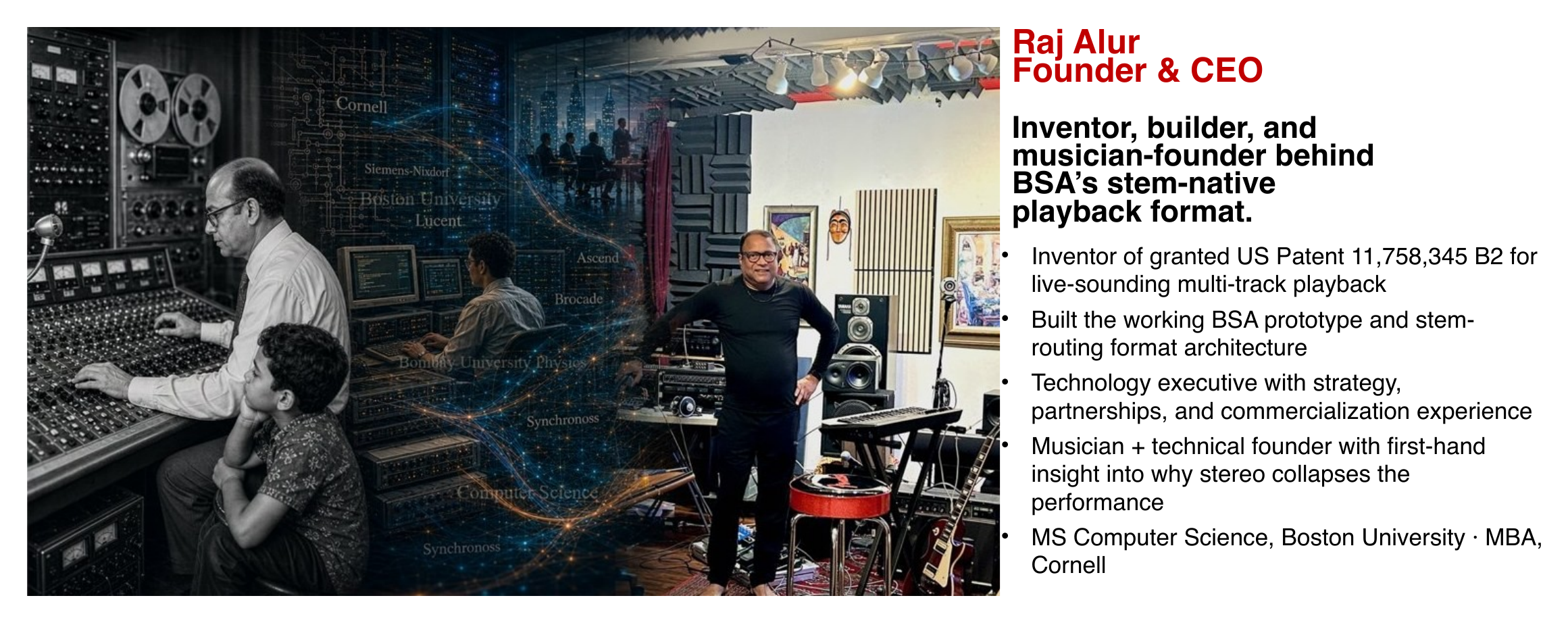 Raj Alur founder bio slide: inventor, builder, and musician-founder behind BSA